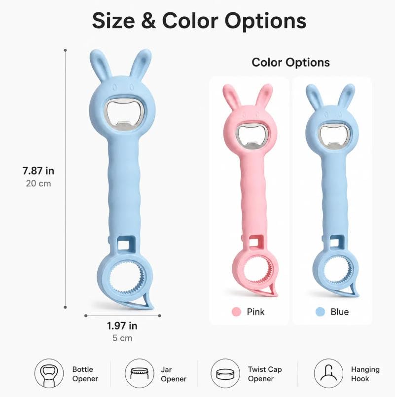 4‑in‑1 Multi‑Function Bottle & Jar Opener, Bunny‑Shaped Kitchen Gadget, Easy‑Grip Tool for Tight Jar, Bottle, Twist‑Cap and Pull‑Tab Cans