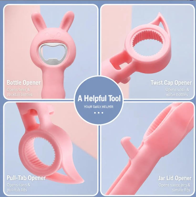 4‑in‑1 Multi‑Function Bottle & Jar Opener, Bunny‑Shaped Kitchen Gadget, Easy‑Grip Tool for Tight Jar, Bottle, Twist‑Cap and Pull‑Tab Cans