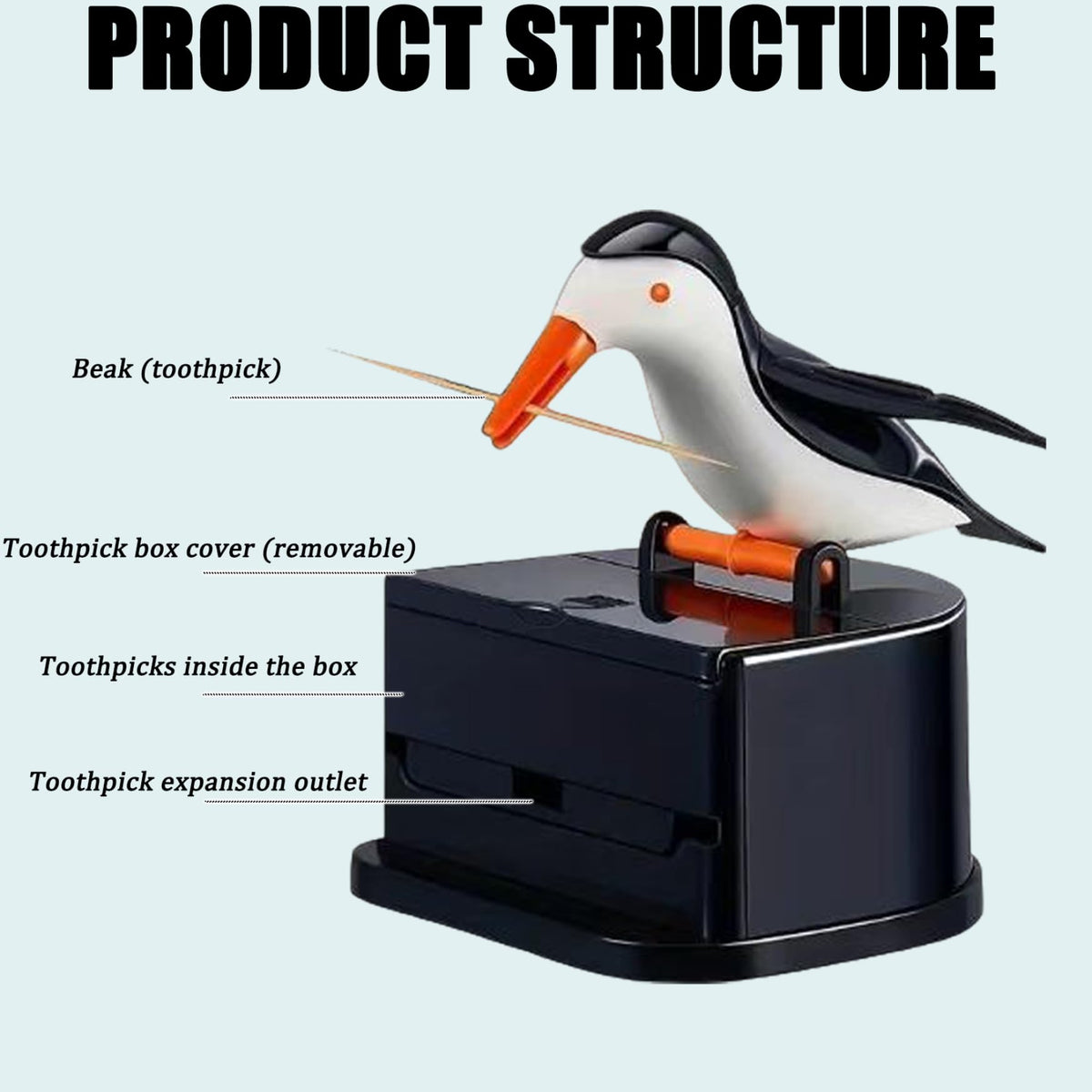 Bird Toothpick Dispenser, Automatic Toothpick Holder with Cute Seagull Design, Hygienic Toothpick Container for Kitchen Table, Dining Room, Restaurant and Home Use