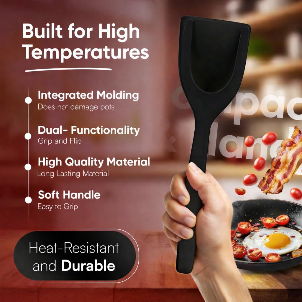 🍳Non-Stick 2-in-1 Grip & Flip Kitchen Tongs for Pancakes, Fish, Eggs, and More – Heat Resistant Cooking Tool (Black)