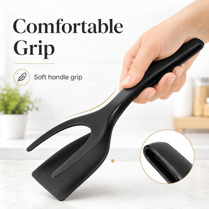 🍳Non-Stick 2-in-1 Grip & Flip Kitchen Tongs for Pancakes, Fish, Eggs, and More – Heat Resistant Cooking Tool (Black)