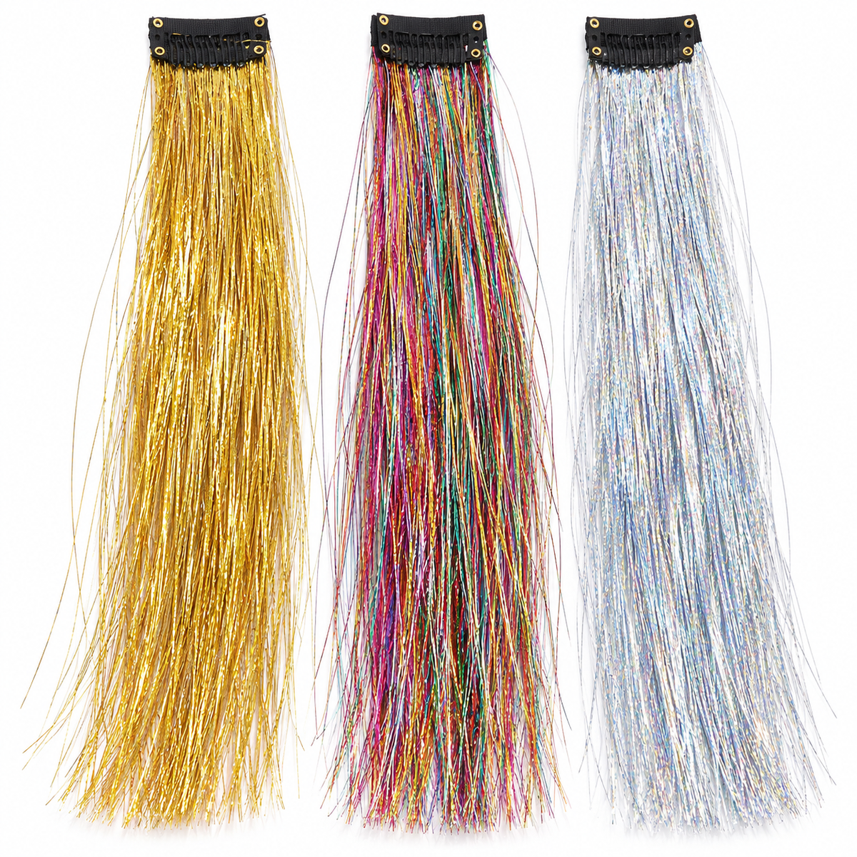 Iridescent Laser-Effect Clip-in Hair Extensions (Straight) – Metallic, Rainbow, and Holographic Tinsel Strands