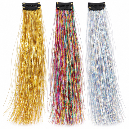 Iridescent Laser-Effect Clip-in Hair Extensions (Straight) – Metallic, Rainbow, and Holographic Tinsel Strands