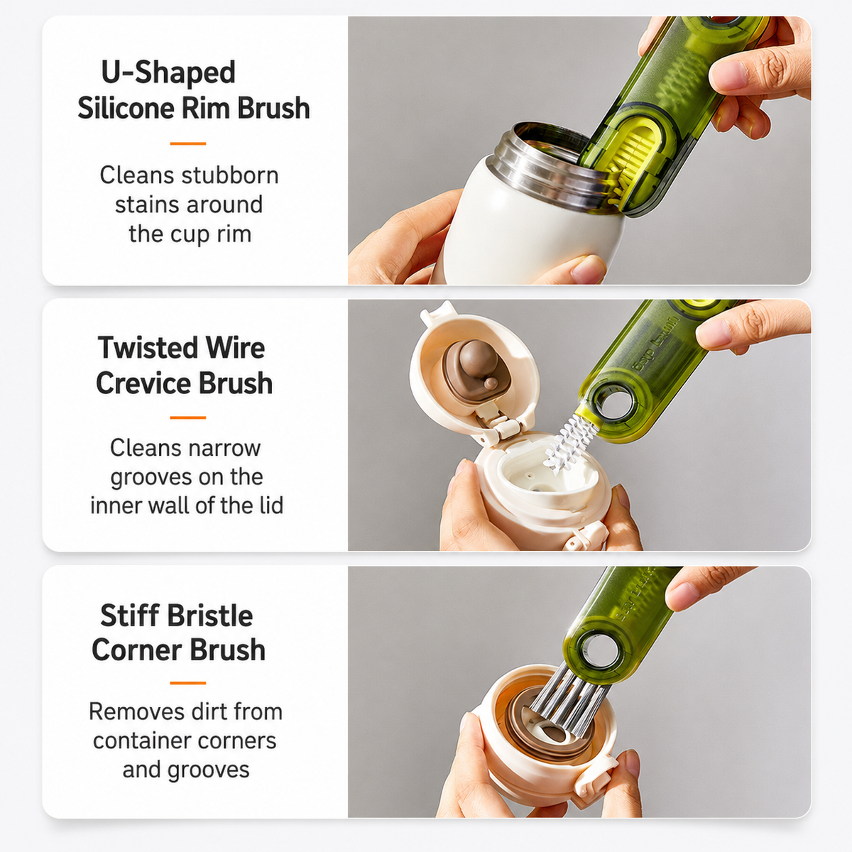 3-in-1 Cup Brush Cleaner, Bottle Brush with Silicone Sponge & Straw Cleaner, Long Handle Dish Brush for Tumblers, Water Bottles, Mugs, Kitchen Sink Cleaning