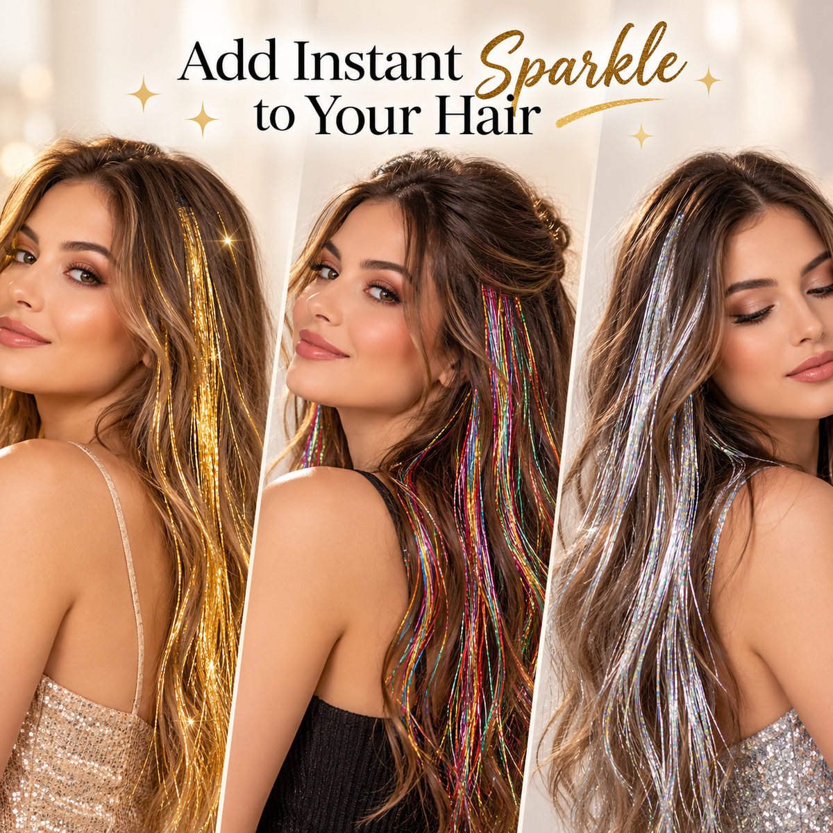 Iridescent Laser-Effect Clip-in Hair Extensions (Straight) – Metallic, Rainbow, and Holographic Tinsel Strands