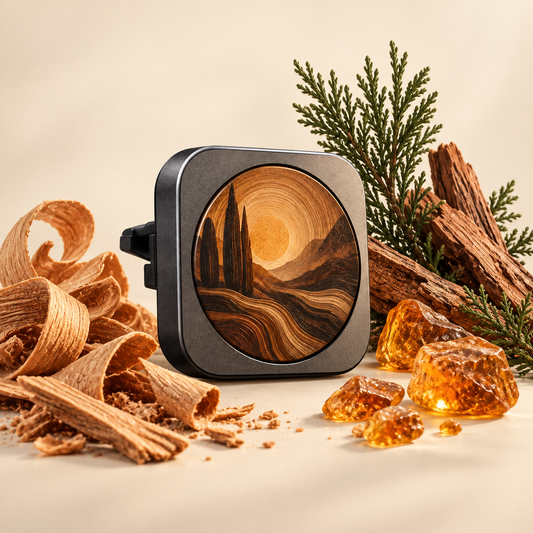 Santal Route car diffuser styled with sandalwood, cedar and amber
