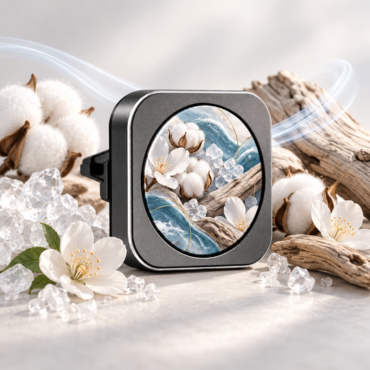 Coastal Linen car diffuser styled with sea salt, cotton blossom and driftwood