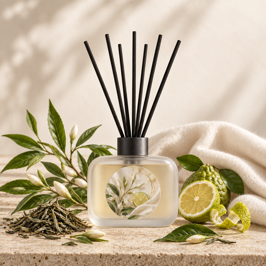 White Tea Atrium reed diffuser styled with white tea, bergamot and cashmere musk