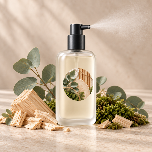 Hinoki Stillness room spray styled with hinoki wood, eucalyptus and moss