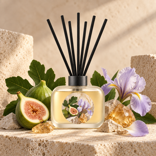 Fig & Stone reed diffuser styled with green fig, iris and mineral amber