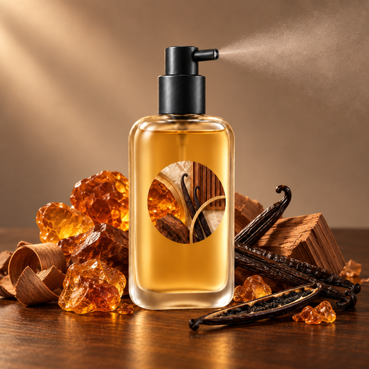 Amber Library room spray styled with amber, cedar and vanilla bean