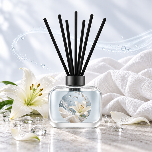 Linen After Rain reed diffuser styled with rainwater, lily and clean musk