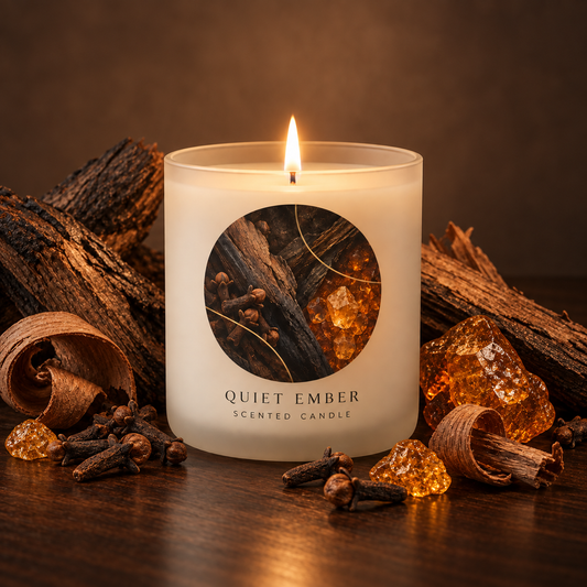Quiet Ember scented candle styled with smoked cedar, clove and amber