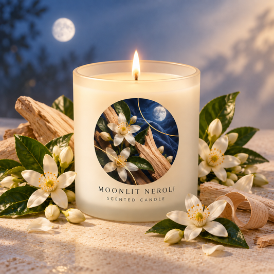Moonlit Neroli scented candle styled with neroli, orange blossom and soft woods