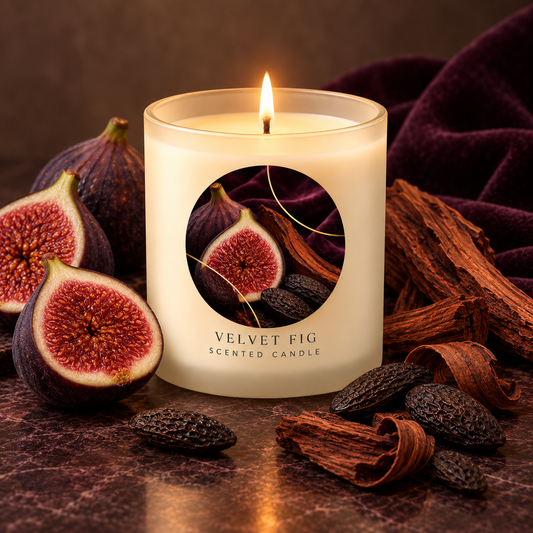 Velvet Fig scented candle styled with fig pulp, rosewood and tonka bean