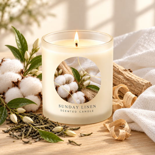 Sunday Linen scented candle styled with cotton, white tea and blonde woods