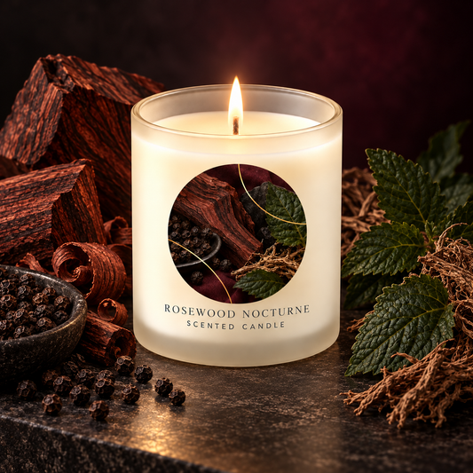 Rosewood Nocturne scented candle styled with rosewood, black pepper and patchouli