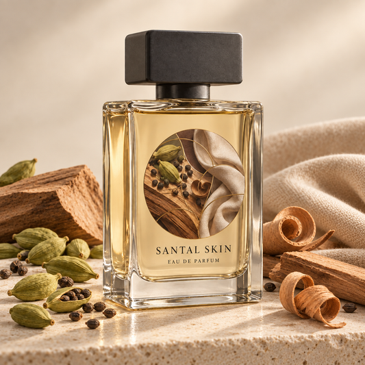 Santal Skin Eau de Parfum styled with cardamom, sandalwood and soft fabric