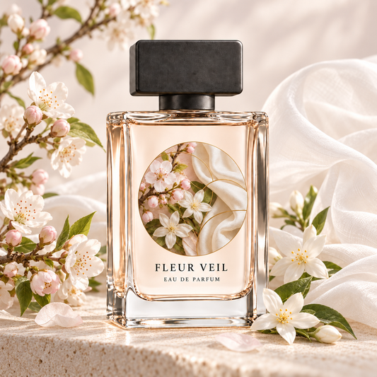 Fleur Veil Eau de Parfum styled with pear blossom, jasmine and white fabric