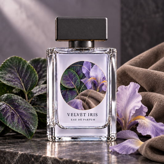 Velvet Iris Eau de Parfum styled with violet leaf, iris and suede