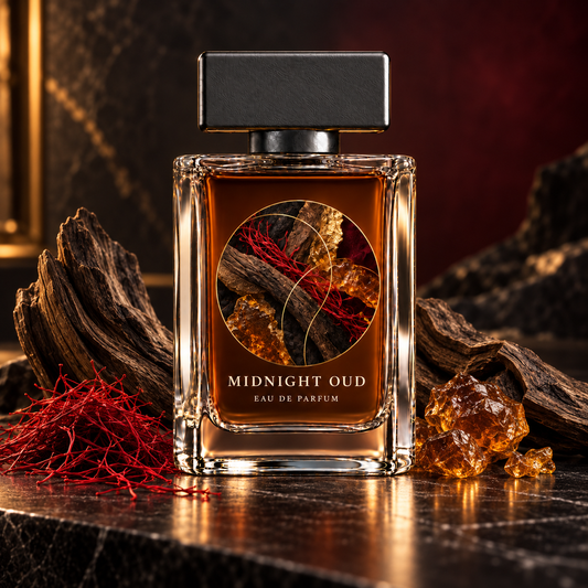 Midnight Oud Eau de Parfum styled with saffron, oud wood and dark amber