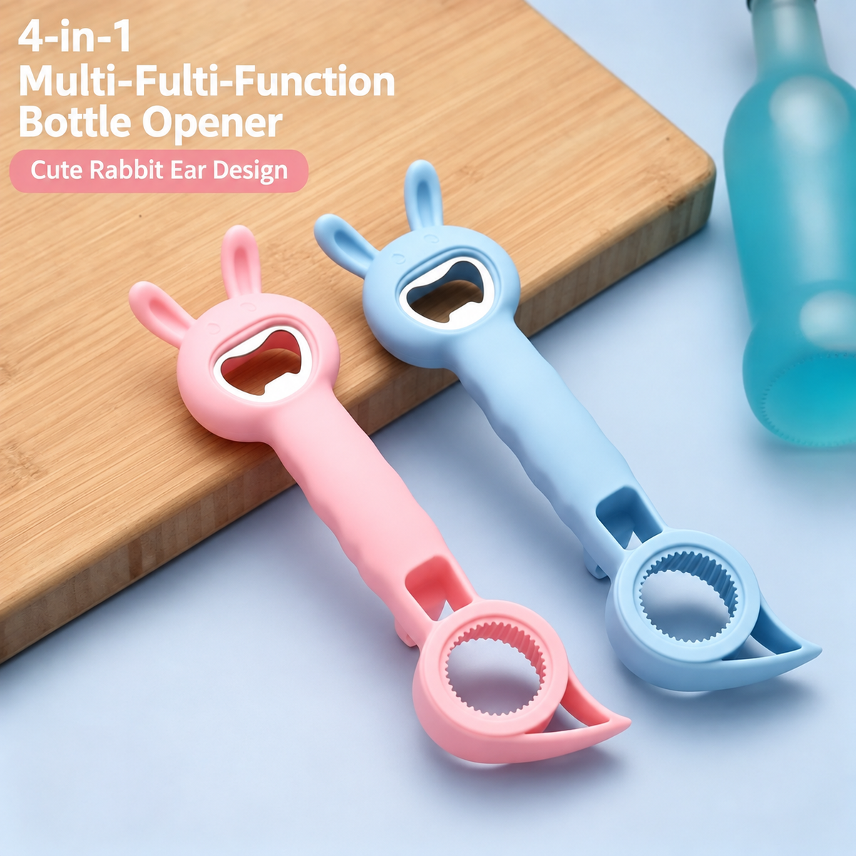 4‑in‑1 Multi‑Function Bottle & Jar Opener, Bunny‑Shaped Kitchen Gadget, Easy‑Grip Tool for Tight Jar, Bottle, Twist‑Cap and Pull‑Tab Cans