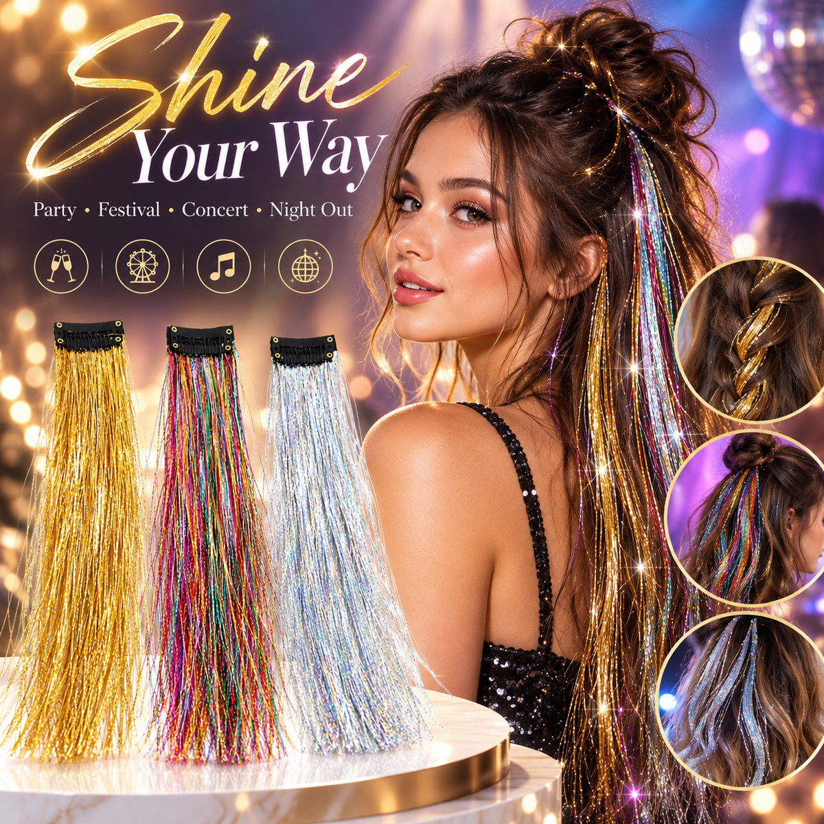 Iridescent Laser-Effect Clip-in Hair Extensions (Straight) – Metallic, Rainbow, and Holographic Tinsel Strands