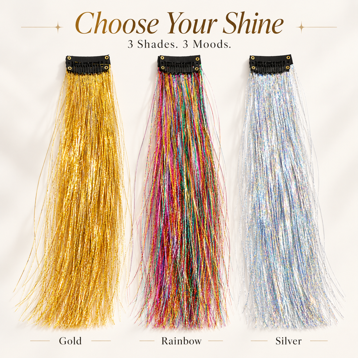 Iridescent Laser-Effect Clip-in Hair Extensions (Straight) – Metallic, Rainbow, and Holographic Tinsel Strands